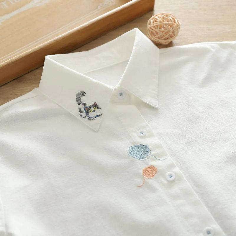 Women's Cute Embroidered White Shirt Casual Retro Loose Cotton Blouse
