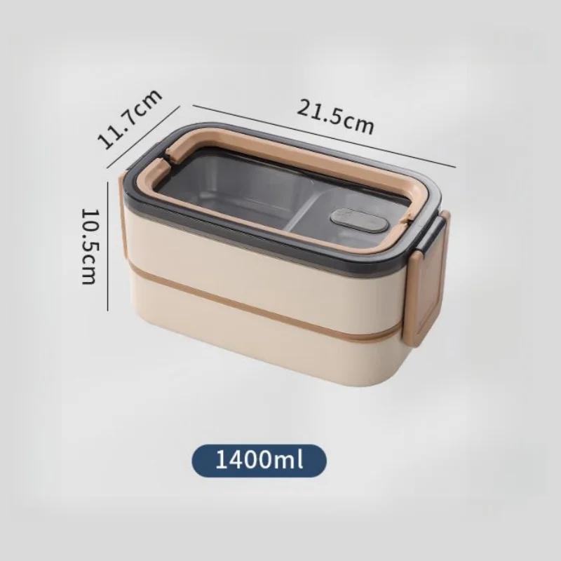 1400mL 304 Stainless Steel Portable Double-layer Lunch Box with Spoon and Chopsticks Food Container for Microwave Heated Noodles