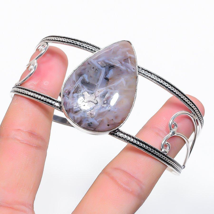 Natural Tube Agate Gemstone 925 Sterling Silver Cuff Bangle Adjustable M8v77