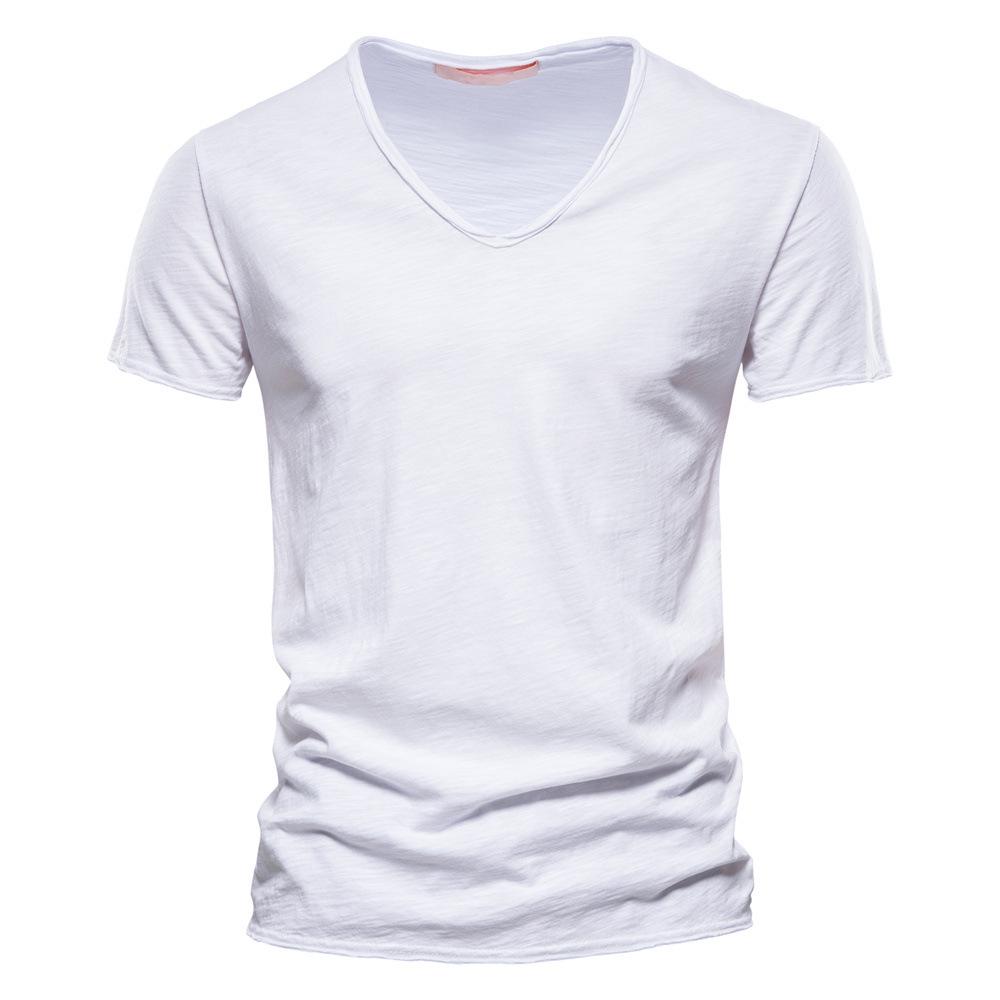 Herren Sommer V-Ausschnitt T-Shirt - Reine Baumwolle Slub, Unifarbe, Kurzarm
