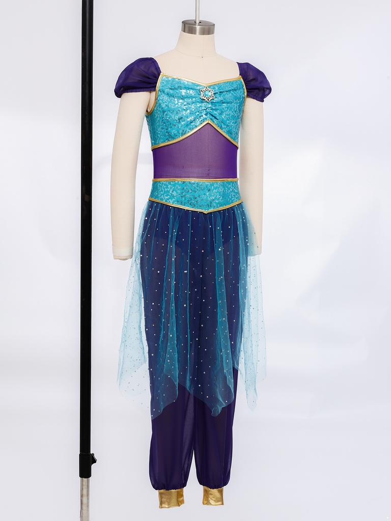 Dívčí sada arabské princezny pro břišní tance: Barevný overal s kamínky, flitrovaným pasem a tylovým přehozem pro Halloween Cosplay