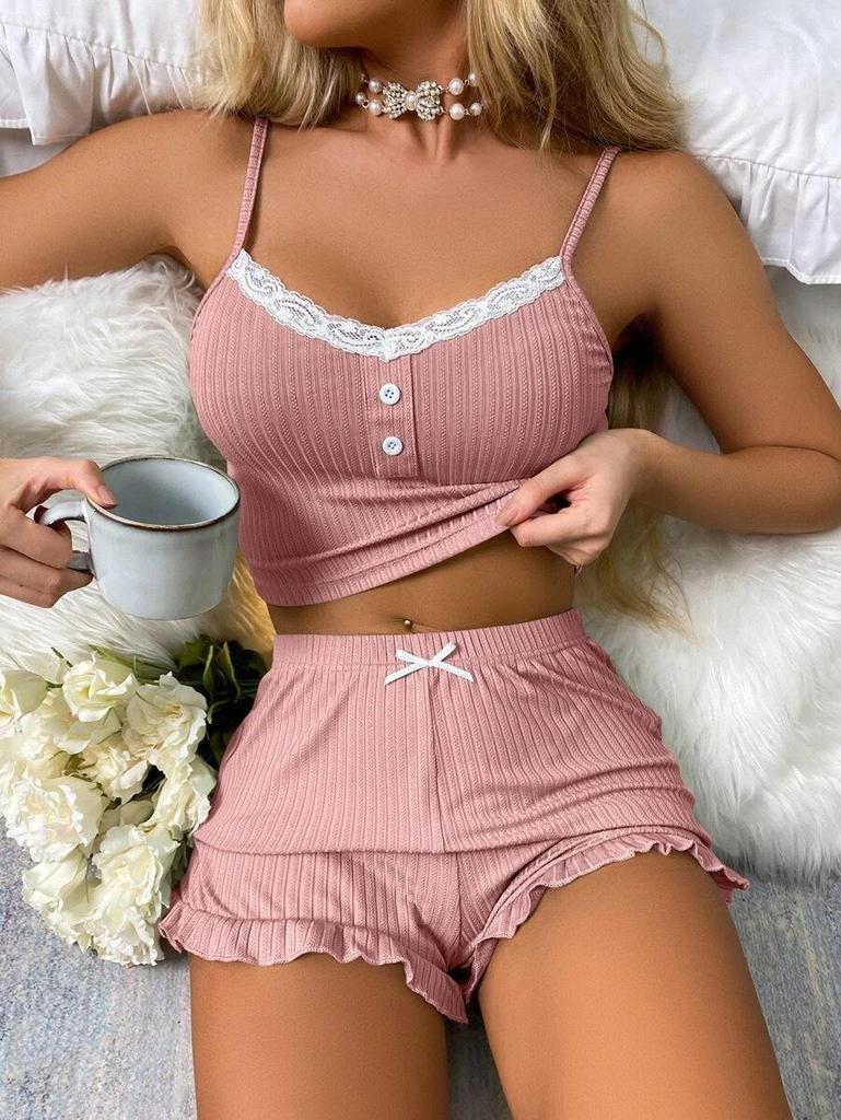 Women's Lace Trim Camisole Pajama Set with Shorts