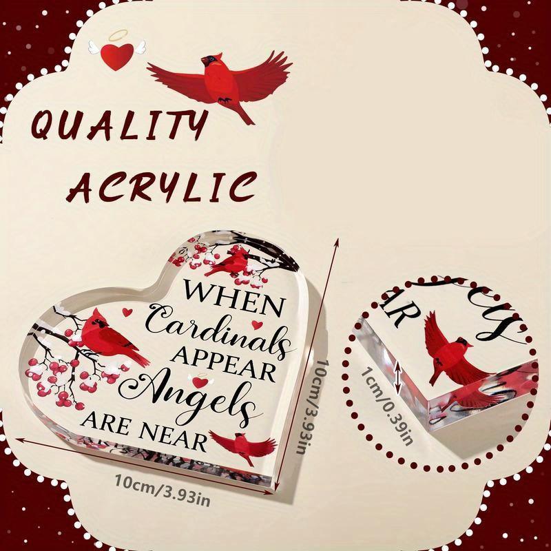 2D Flat "When Cardinals Appear Angels Are Near" Heart-Shaped Acrylic Memorial Desk Decor Plaque, Red Cardinals & Berries, suitable for wall decoration