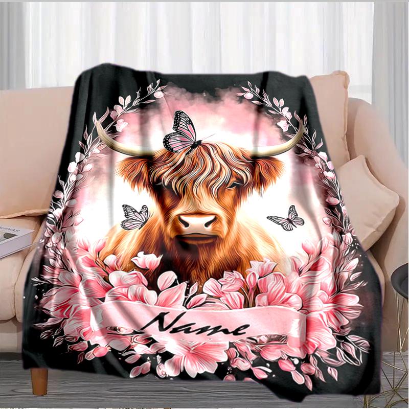 1PC Custom Name Highland Cow Butterflies Flannel blankets Patterns Throw Blanket All-Season Soft Gift for Couch, Bed, Camping gifts