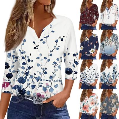 Women's T Shirt Tee Print Button 3/4 Sleeve Daily Weekend Fashion Basic V Neck Regular Top