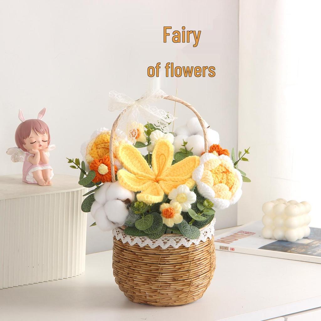 Sonnenblumen Gestrickter Wollstrauß in Handkorb - Geburtstag, Feiertag, Lehrertag, Abschlussgeschenk