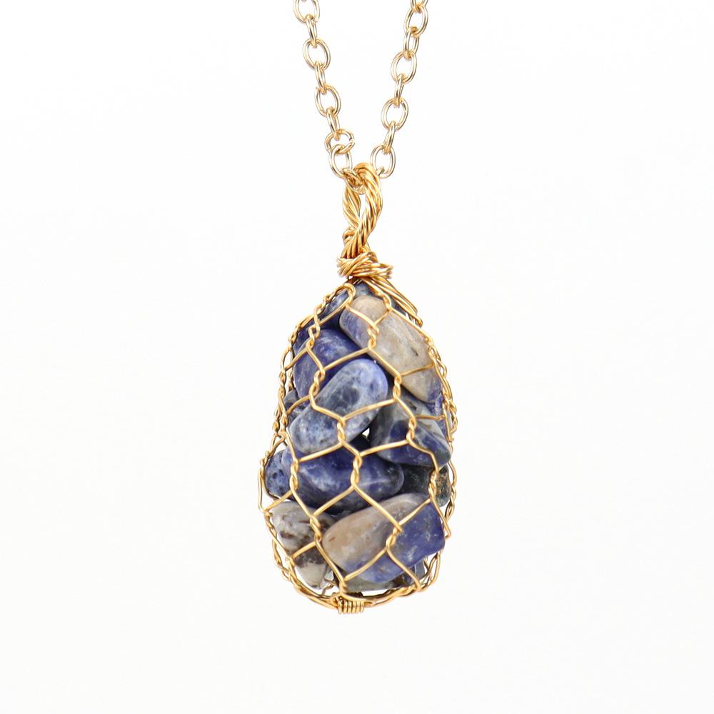 Natural Colorful Crystal Gravel Amethyst Copper Wire Hand-Woven Mesh Pocket Pendant Necklace N657