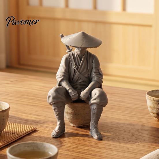 Traditional Chinese Martial Arts Art 3D Printed Ancient Hermit Warrior Figurine, Swordsman Statue with Bamboo Hat, Zen Tea Table Ornament Mini Desktop