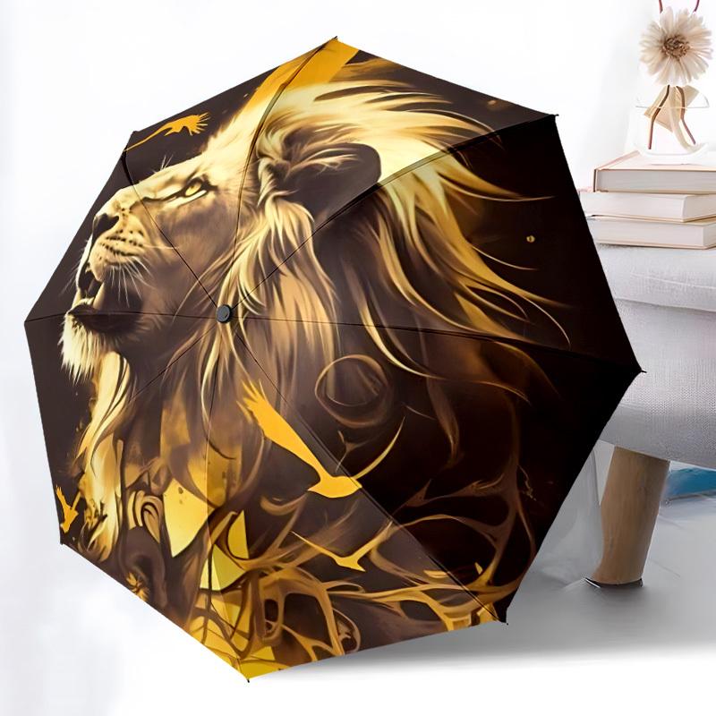1pc Lion Majesty Automatic Folding Umbrella Portable Collapsible Umbrella for All Seasons, 8-Rib Durable Construction, Perfect Gift 037