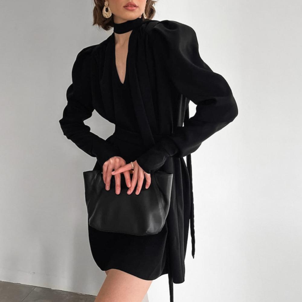 French Temperament Daughter Style Autumn V-neck Bubble Sleeve Dress European and American Long-sleeved Chiffon Short Skirt Women
