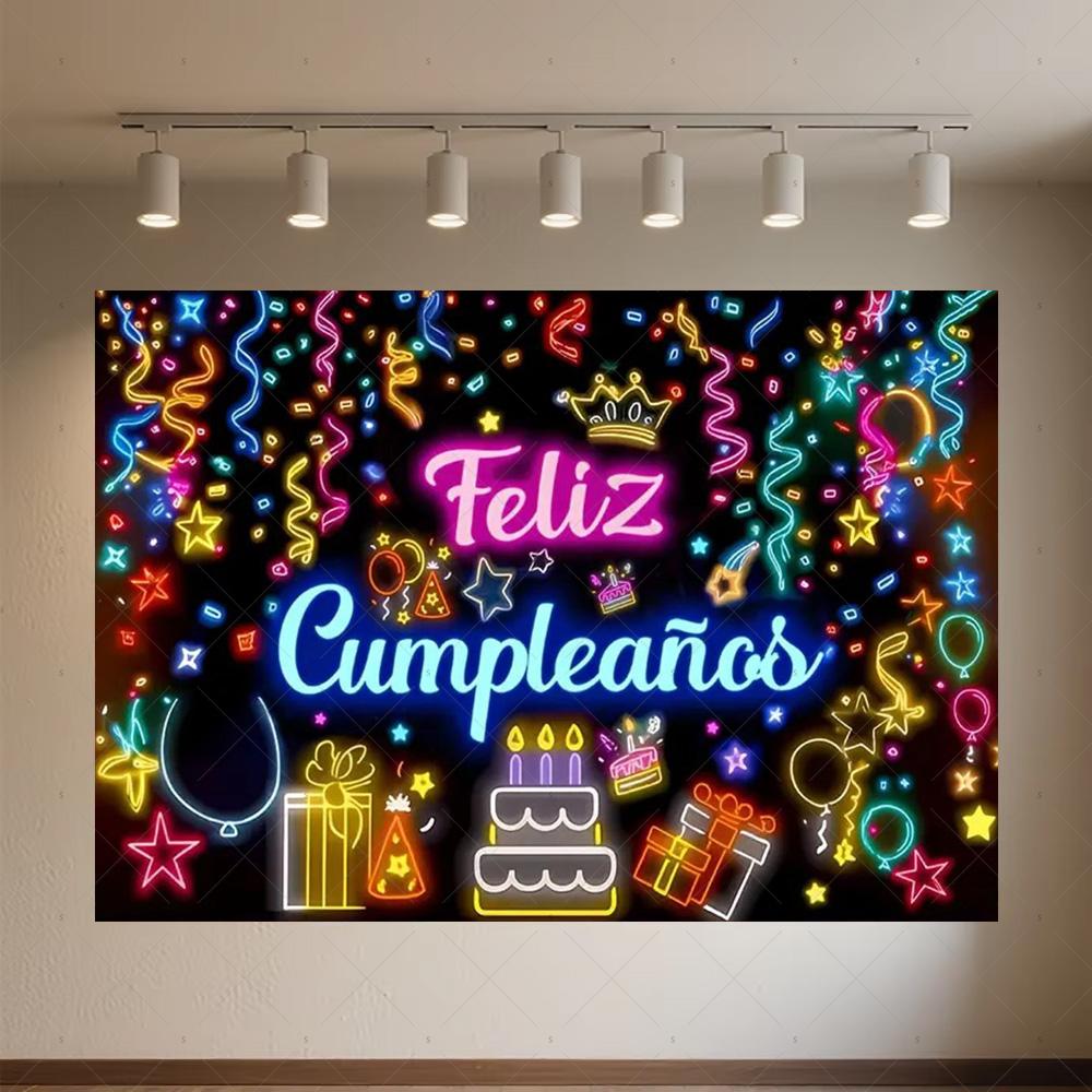 Glitter Happy Birthday Background Banner Glow Neon Dance Carnival Party Decorations Colourful Backdrop Supplies Photography Prop