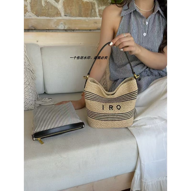 

Raffia Woven Bag Women s Small Bucket Bag Embroidery Thread Striped Letters Small Clutch Shoulder Underarm Messenger Bag Beige