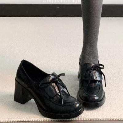 Retro Lace-up Block Heel Loafers Women's New Autumn and Winter Round Toe Slip-on High-heeled Small Leather Shoes