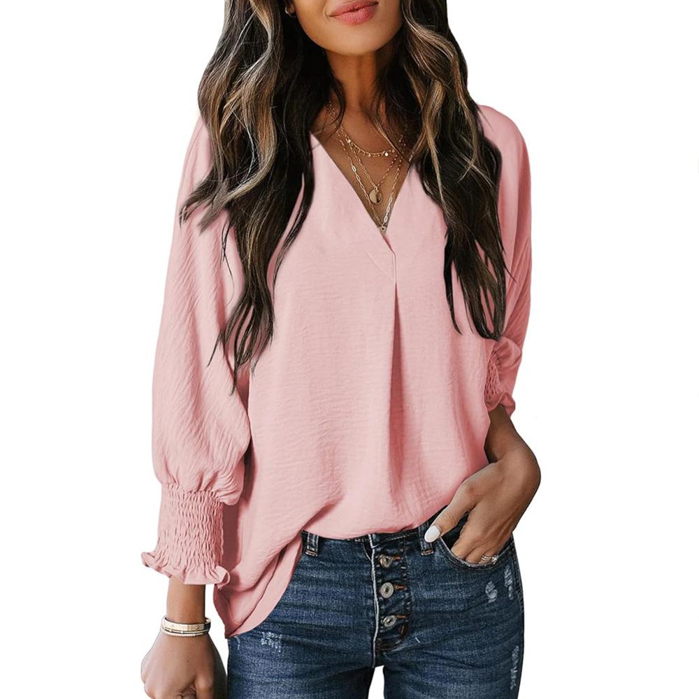 Women's Autumn and Winter V-neck Casual Long-sleeved Loose Shirt Top