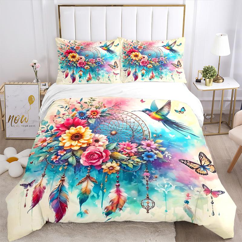 3pcs Birds Flowers Butterflies and Feathers in a Fantasy Garden Printed Quilt Set - Soft and Comfortable Quilt Cover for Bedroom, Guest Room and
