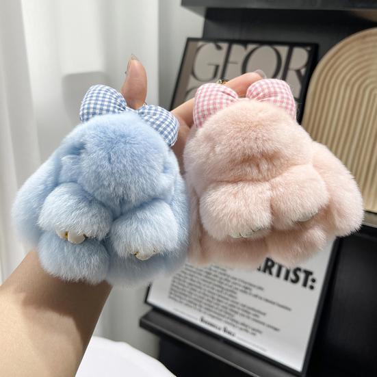 Plush Bowknot Bunny Keychain Fuzzy Faux Fur Rabbit Animal Doll Key Ring Holder DIY Handbag Pendant Backpack Decoration Kids Adults Birthday Gift