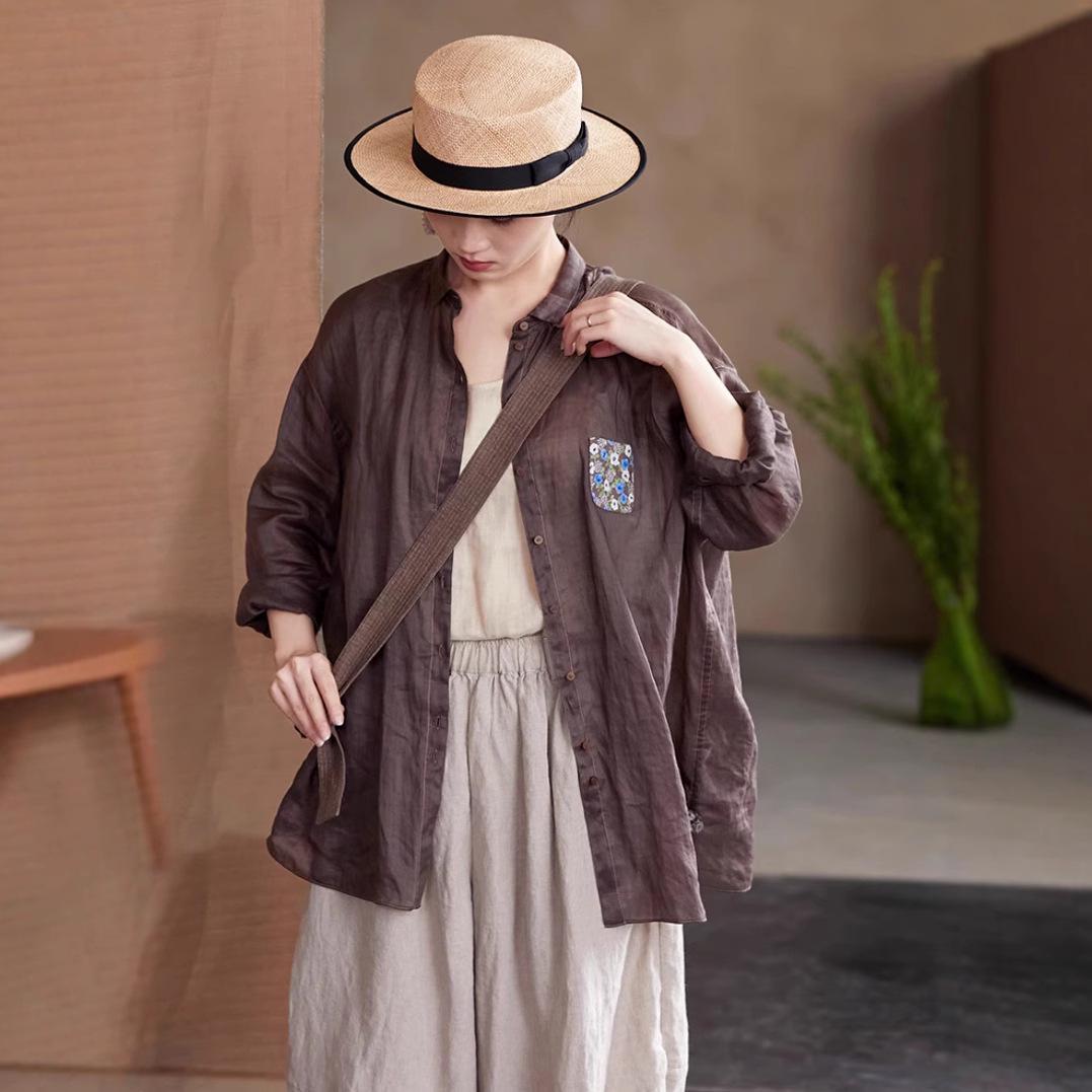 

Spring Literary Retro Cotton-Linen Brown Ramie Small Lapel Lightweight Casual Shirt L