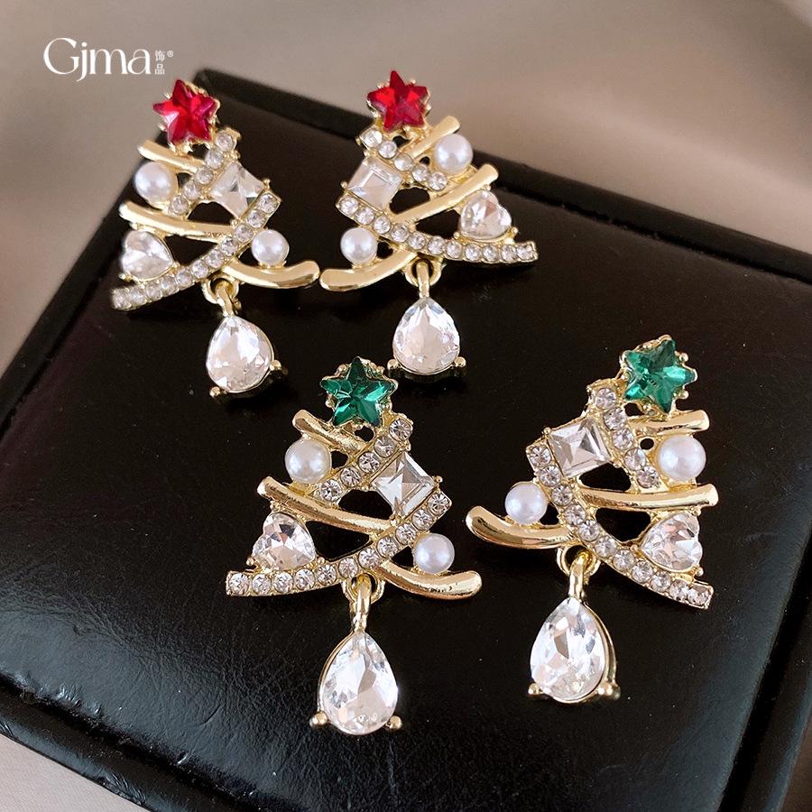 Silver Needle Diamond-Embellished Christmas Tree Tassel Earrings - Elegant Light Luxury Studs
