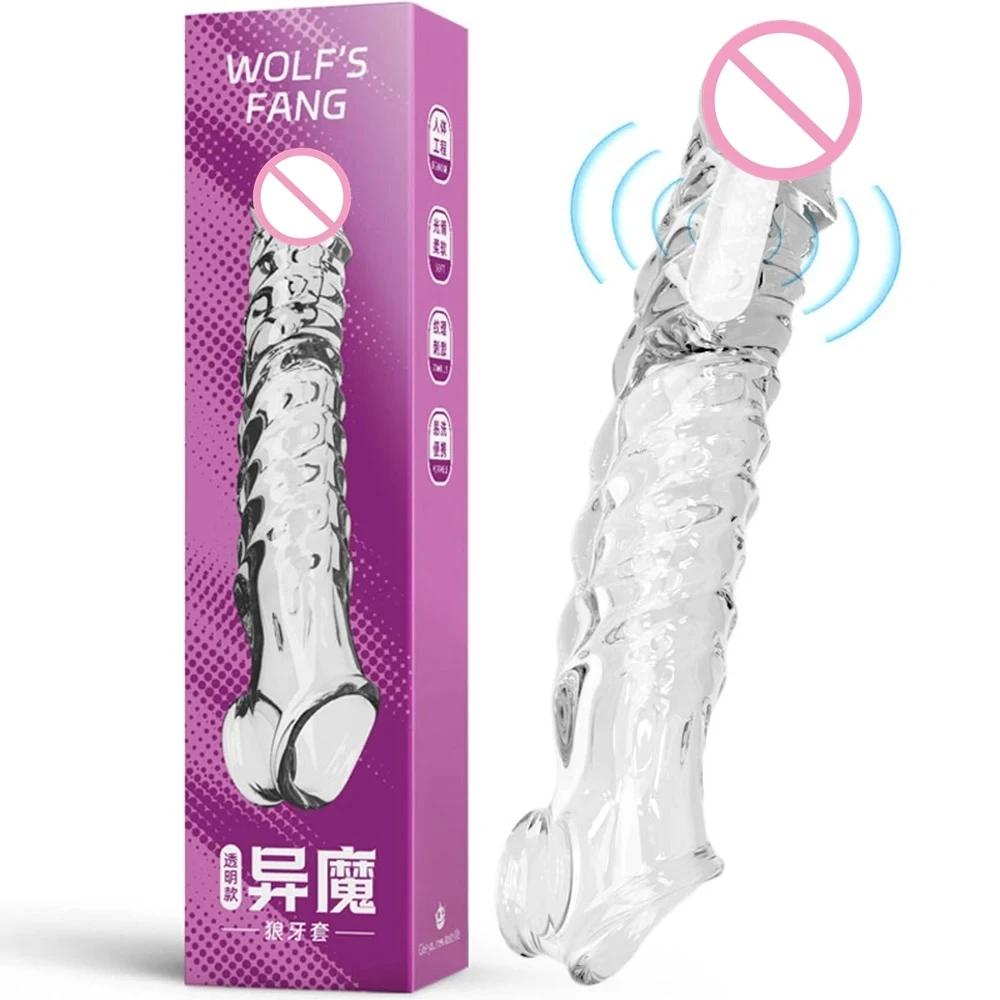 Penis Extension Sleeve Vibrator Extender 8cm Reusable Condoms Soft Delay Ejaculation Dick Sleeve Adult Sex Toys For Men Women