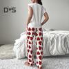 Damen-Pyjama-Set aus Satin mit Rüschenbesatz, Tanktop und Hose mit weitem Bein, lässiges 2-teiliges Homewear-Lounge-Set