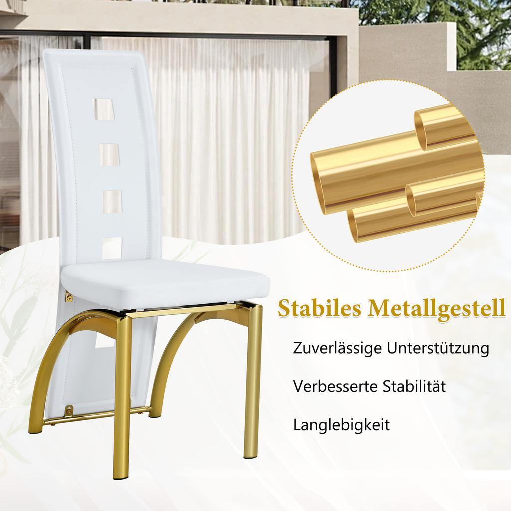 [Set mit 2 Stück] Europäische Design-Esszimmerstühle mit Lochmuster, Matweißes PU-Leder + Glänzende Gold-Metallbeine, 102,5 cm hoch, für Ess- oder Wohnzimmer.