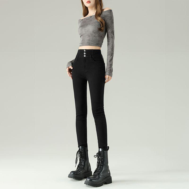 

Women s High-Waisted Blue-Gray Slimming Skinny Jeans with Velvet Lining 29