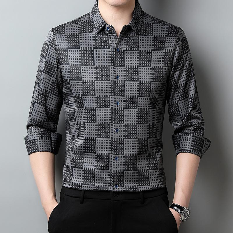 Men's Spring and Autumn Plaid Button Lapel Contrast Color Long Sleeve Business Casual Fashion Top