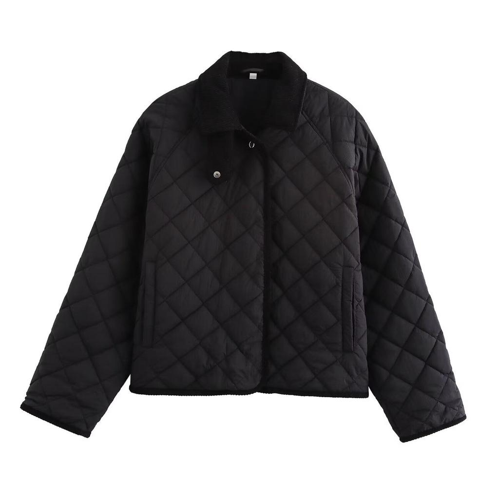 2024 Autumn Women's European & American Style High Neck Diamond Pattern Short Cotton Jacket