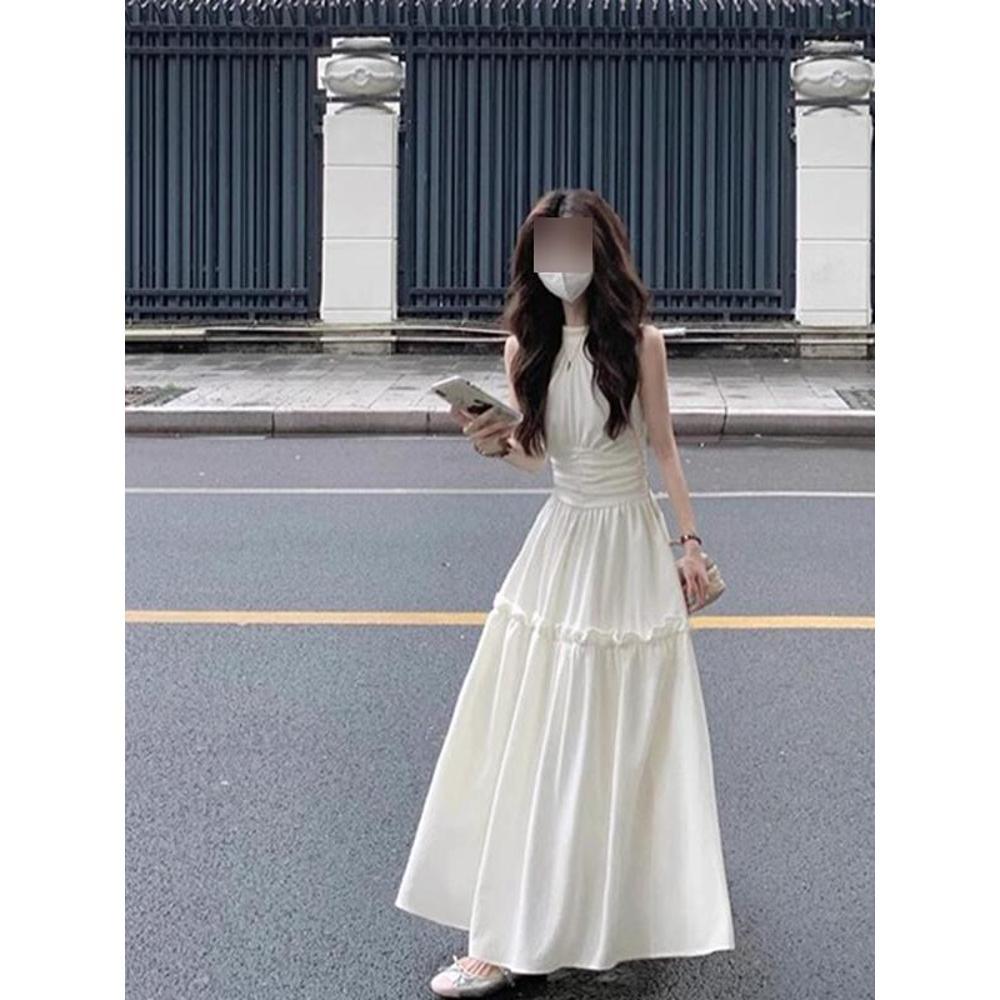 Seaside holiday style white sleeveless neck dress women's summer casual waist and thin temperament dress
