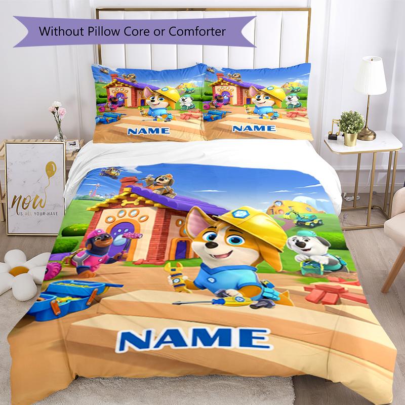 3pcs Custom Name Pupstruction Bedding Set Duvet Cover Closure Includes 1 Duvet Cover & 2 Pillowcases, Soft and Comfortable for All Seasons.