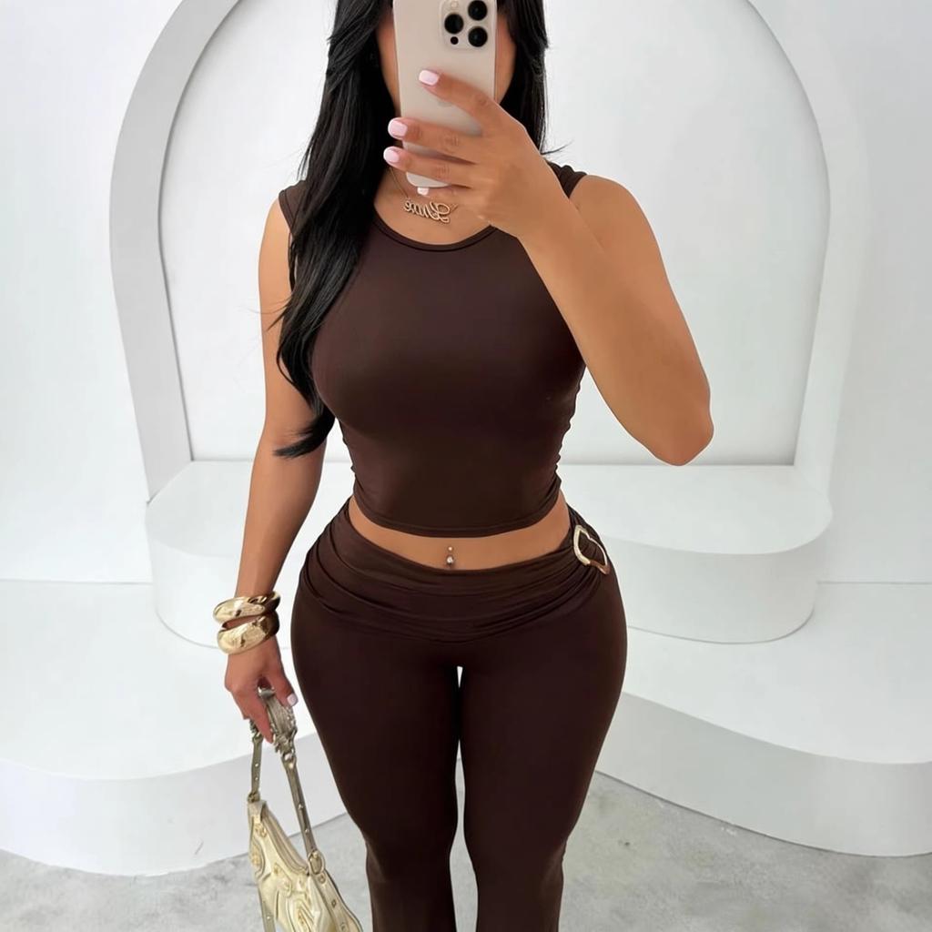 Women's Slim Fit Two-piece Matching Outfit Sleeveless Crew Neck Crop Tank Top Ruched High Waist Flare Pants Tracksuit