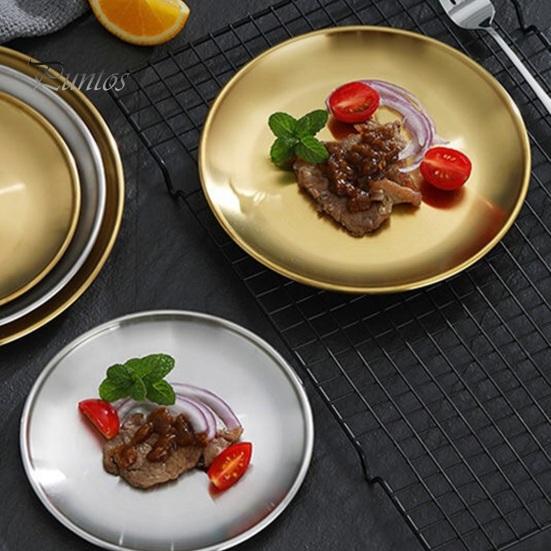 Salad Plate Stainless Steel Dinner Plates Round Thickened Metal Home Kitchen BBQ Serving Tablewear Barbecue