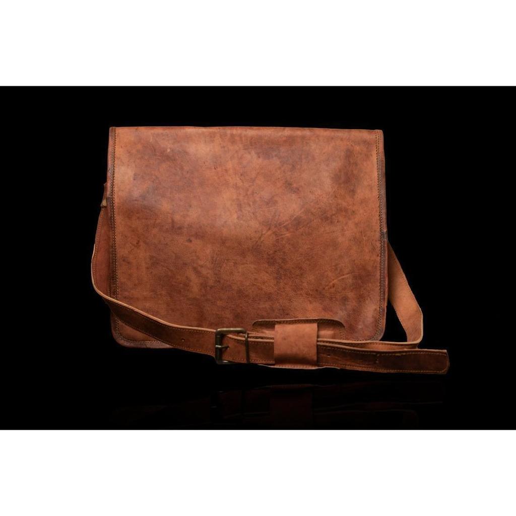 Vintage Genuine Goat Leather Brown Men's Laptop Shoulder Messenger Satchel Bag