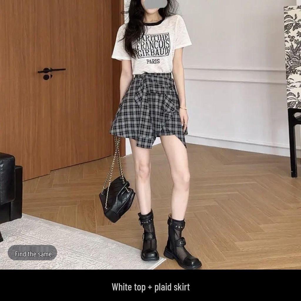 2026 Summer Irregular Plaid Culottes & Loose Short Sleeve T-Shirt Set