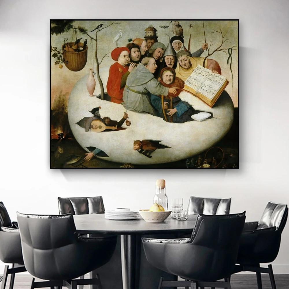 Classical Funny Oil Painting Poster The Concert In an Egg Prints Hieronymus Bosch Canvas Painting Kitchen Dinning Room Decor