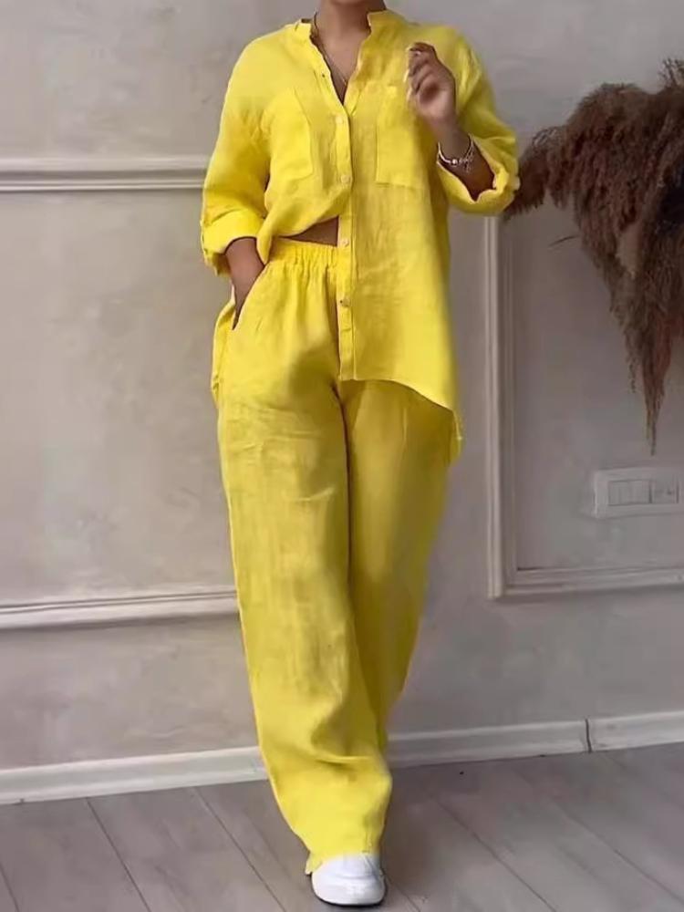 

Повседневный комплект из хлопка и льна однотонной рубашки и широких брюк на кулиске 2XL жёлтый