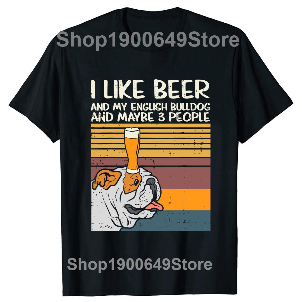 Beer English Bulldog People Drinking Dog Lover T Shirts Tee Tops Round Neck ShortSleeve Tshirt Clothing Casual Basic Tshirts