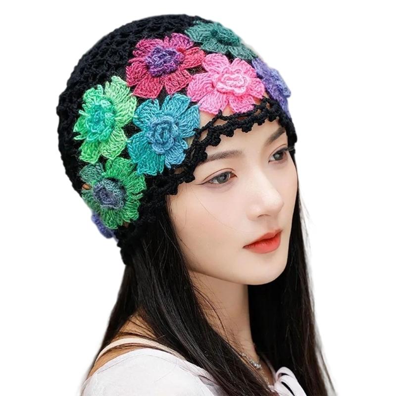 Cotton Crochet Brimless Hat With HollowOut Flower Design Summer Vacation Casual Skull Cap For Women Everyday Wear