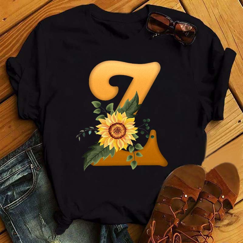 Maycaur Women's T Shirt Custom Name Letter Combination Print Tshirt Sunflower Letter Font A B C D E F G Short Sleeve Ladies Tops
