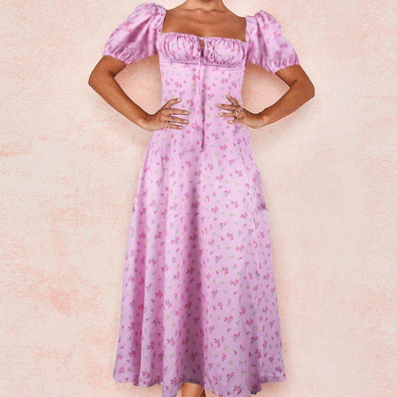 European and American Pastoral Style Sexy Square Collar Lace-up Small Floral Print Slim fit Puff sleeve Temperament High Slit Dress Women