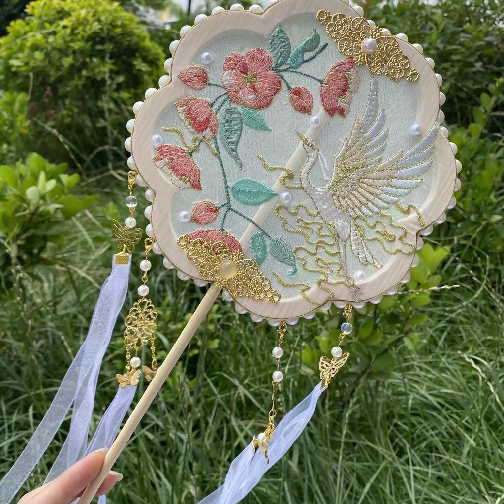 Children's Traditional Chinese Style Hanfu Fan, Palace Fan, Embroidered Fan, Women's Handheld Fan, Runway Show, Photography, Dance Fan, Long-Handled