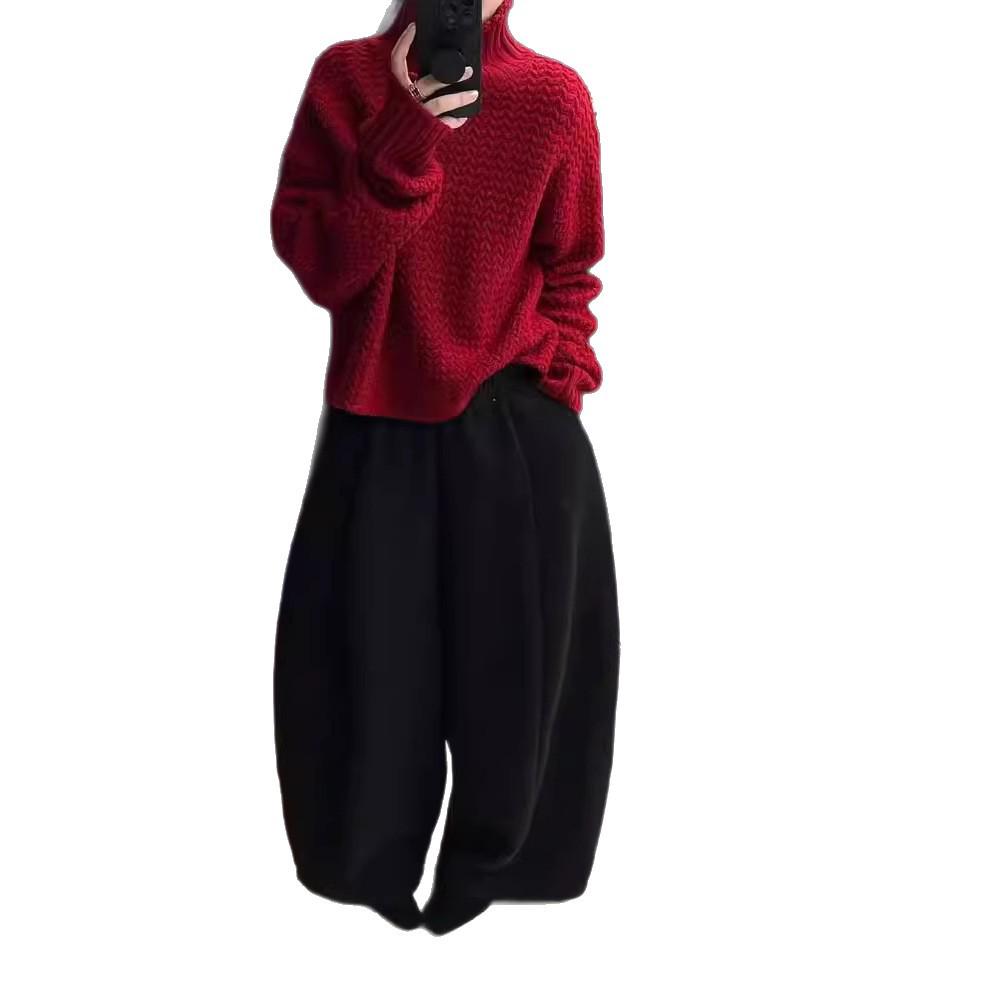 Women's European-Style Red Wool Sweater, High Neck, Loose Fit, Thick Jacquard Knit, Cashmere Base Layer Top