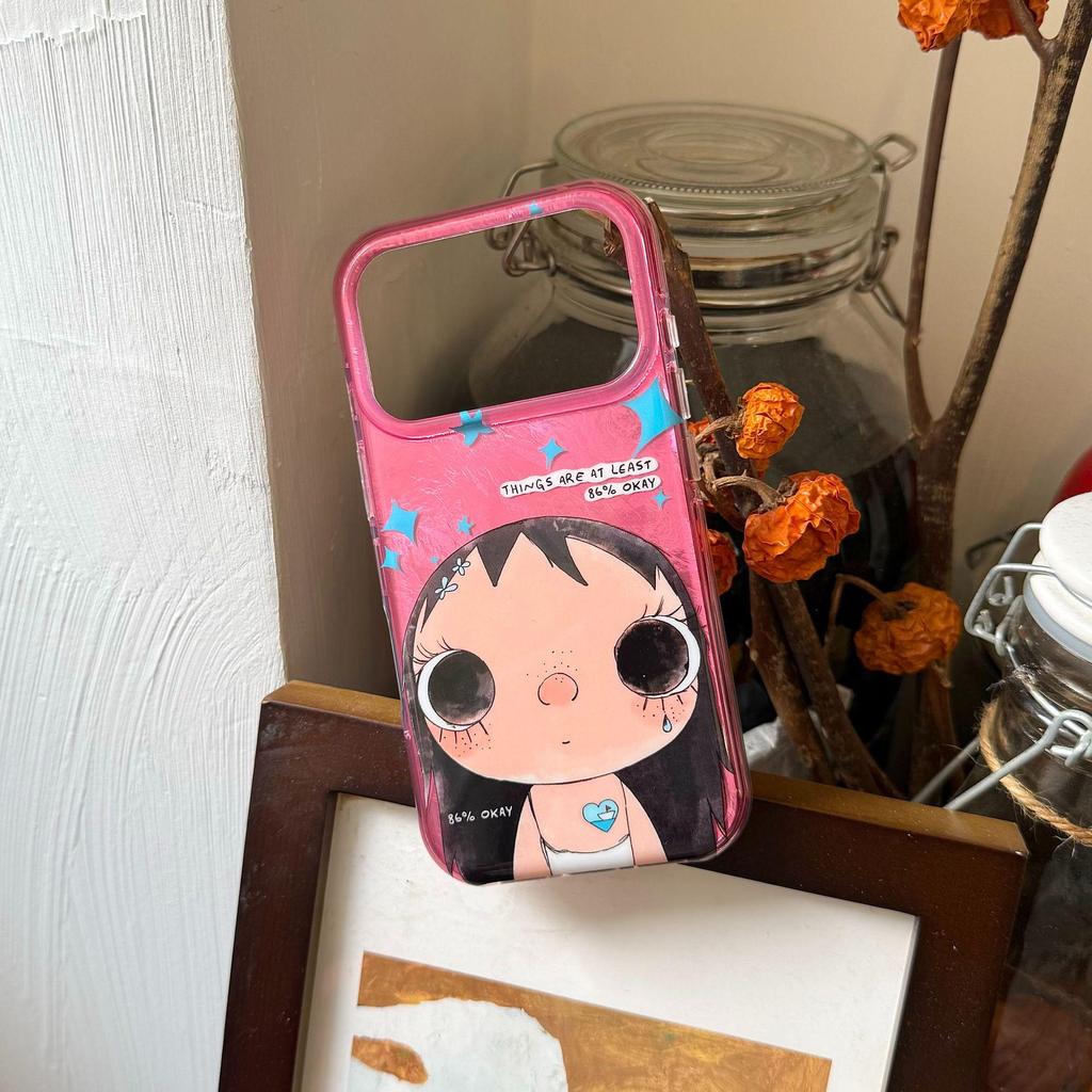 Pink Transparent Cute Cartoon Girl iPhone Case for Apple 16/17 Pro Max with Anti-Fall Protection