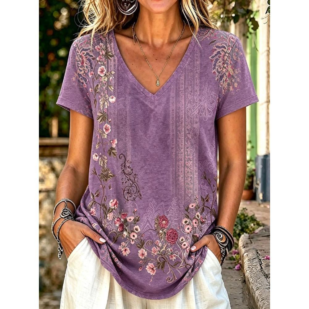 Camiseta de Verano para Mujer Estampado de Patrón Retro Manga Corta Camisetas Tops Impresos Casuales