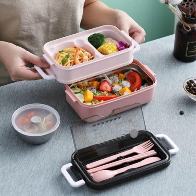 304 rustfritt stål lunsjboks Bento-boks for skolebarn Kontorarbeider 2-lags Mikrobølgeoppvarming Lunsjbeholder Matoppbevaringsboks