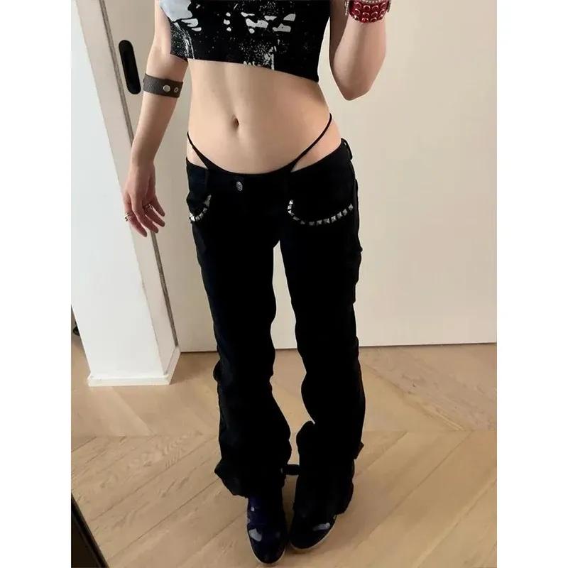 Jeans Acampanados Negros Vintage de Tiro Bajo para Mujer Pantalones de Mezclilla Retro Americano Remache Ajustados Pantalones de Campana de los 90 Y2k Harajuku Kpop