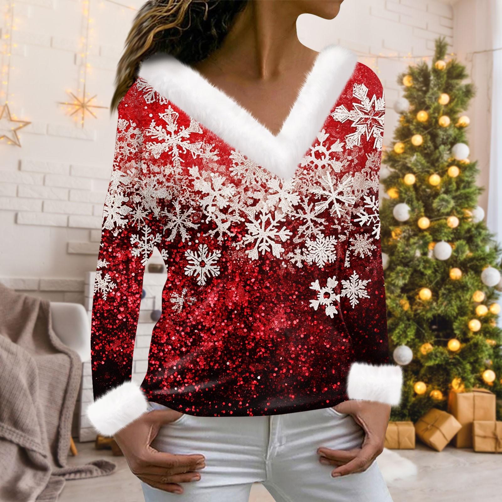 

Женская мода с длинным рукавом и рождественским принтом для вечеринок, плюшевый повседневный топ с V-образным вырезом XXXL красный