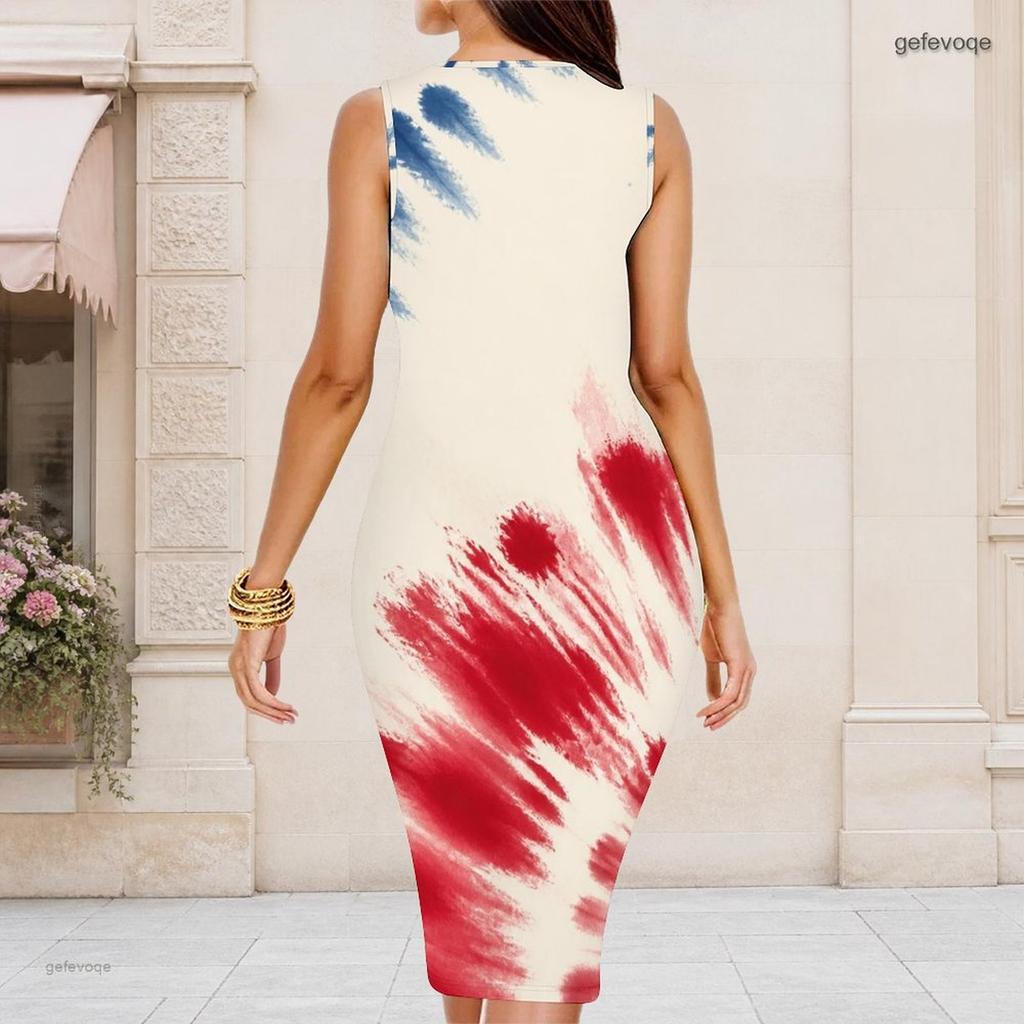 Women Plus Size Round Neck Sleeveless Navy Blue Printed Bodycon Midi Dress