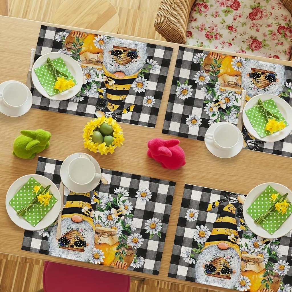 Set mit 4 Frühlings-Bienen-Gnom Gänseblümchen-Plaid Tischsets, Leinen gewebte rechteckige Tischmatten, nur Handwäsche, für Bauernhaus-Küchendekor, Esszimmerdekor