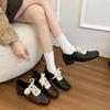 Cowhide Version! Retro Literary Square Head Small Leather Shoes Design Sense Thick Heel Front Lace-up Outer Wear Temperament Thick Sole Single Sho